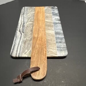 Wood/Stone Marbled Cheese : Charcuterie Board with Leather Strap, Brown Gray